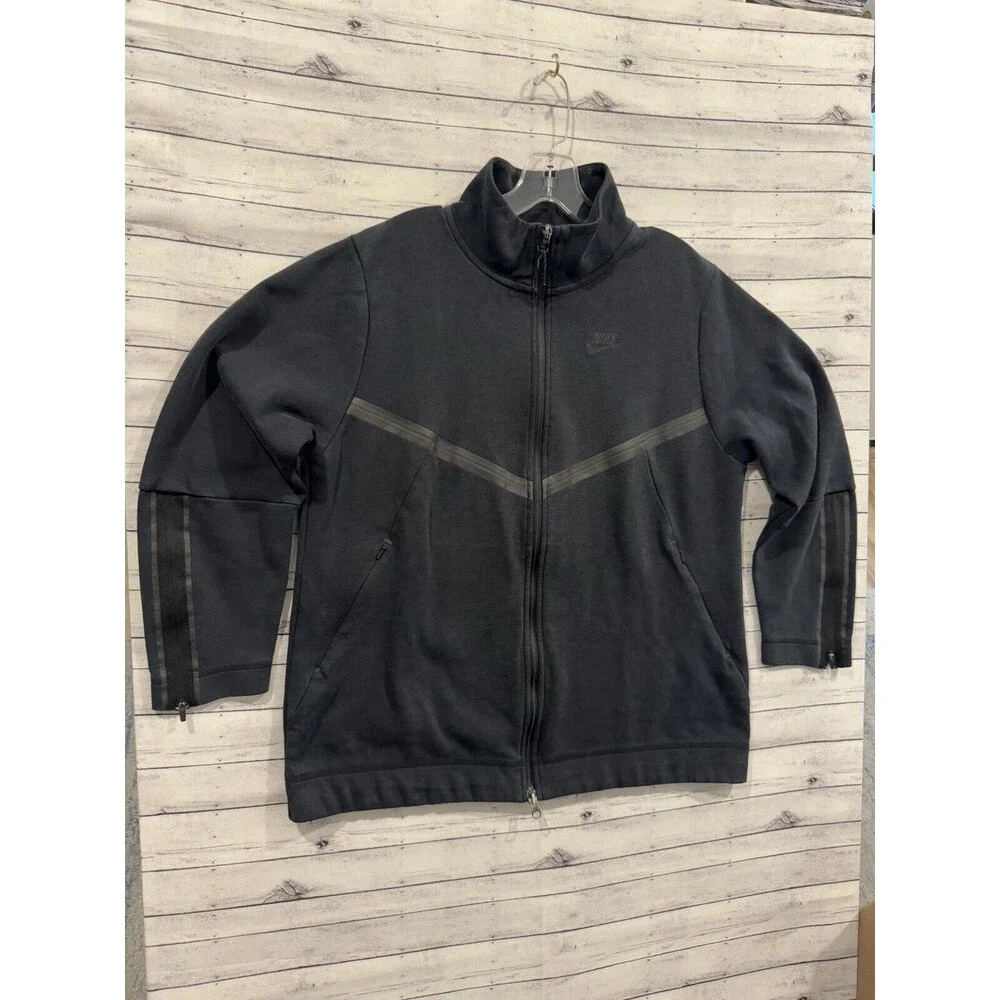 Nike Tech Fleece Jacket Sz Small Black Sweatshirt Full Zip Pockets 3/4 Sleeve
